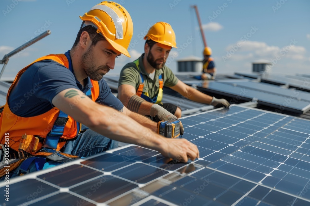 Wall mural two workers are carefully installing solar panels on a rooftop under a bright sky, showcasing teamwo