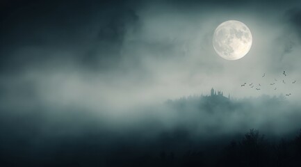 Foggy Night With Full Moon and Bats