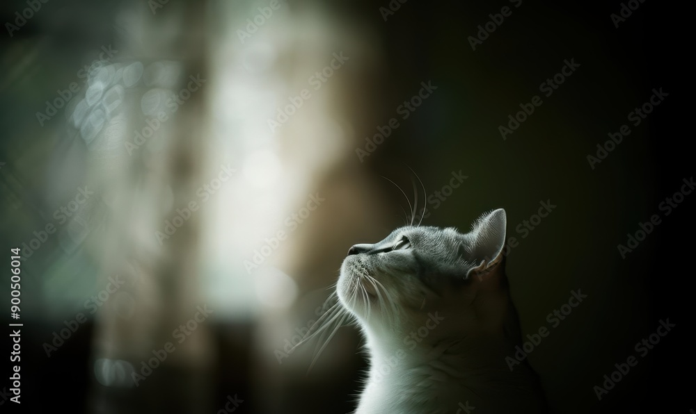 Poster cat gazing up with soft light and dark background