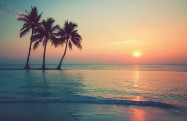 Sunset Over Palm Trees and Pool