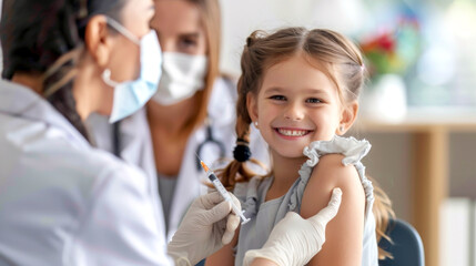 National Immunization Awareness Month. Immunization and vaccination for polio, flu shot, influenza or HPV prevention. Young girl having vaccine shot with syringe. International HPV awareness day