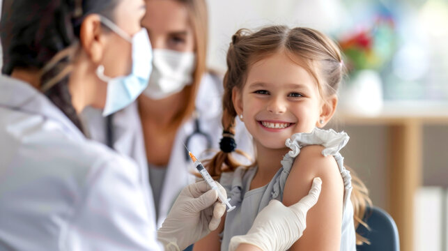 National Immunization Awareness Month. Immunization and vaccination for polio, flu shot, influenza or HPV prevention. Young girl having vaccine shot with syringe. International HPV awareness day - Powered by Adobe