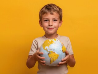 A smiling boy with a globe in his hands. AI generated