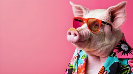 Cool Pig in Sunglasses and Hawaiian Shirt