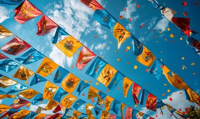 Naklejka premium Colorful Oktoberfest festival flags fluttering in the gentle breeze against a backdrop of blue sky.