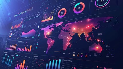 Digital World Map with Data Visualization - 3D Illustration