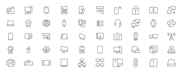 Device and technology line icon set. Electronic devices and gadgets, computer, equipment and electronics. Computer monitor, smartphone, tablet and laptop simple icon collections