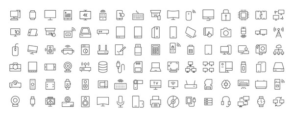 Device and technology line icon set. Electronic devices and gadgets, computer, equipment and electronics. Computer monitor, smartphone, tablet and laptop simple icon collections