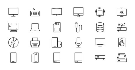 Fototapeta premium Device and technology line icon set. Electronic devices and gadgets, computer, equipment and electronics. Computer monitor, smartphone, tablet and laptop simple icon collections