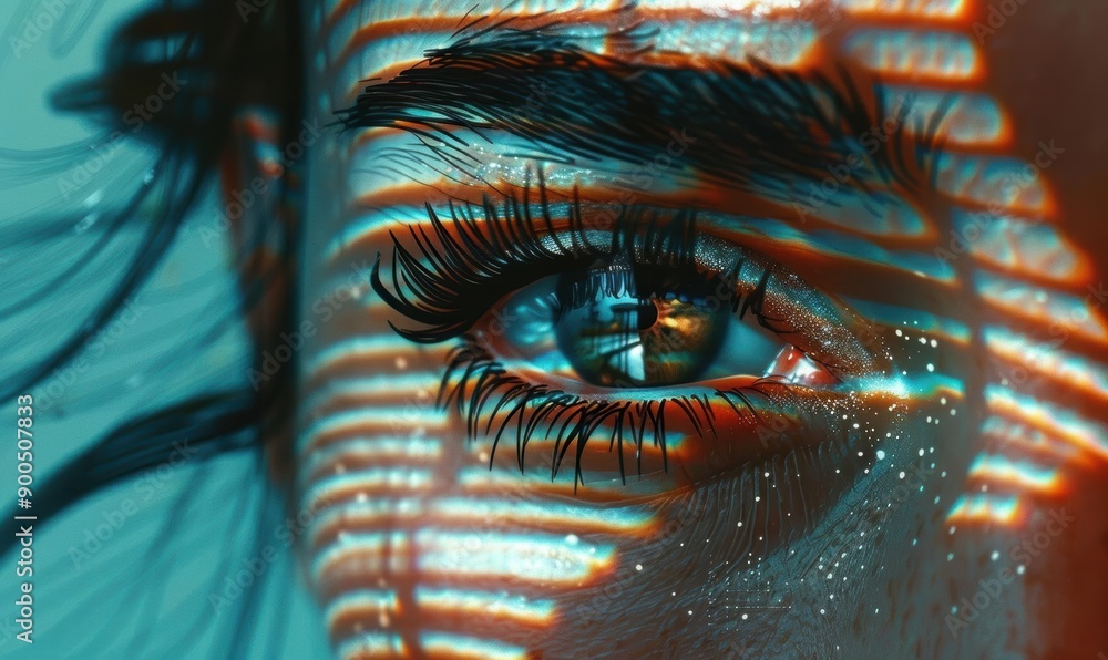 Poster captivating eye close-up with abstract light patterns in blue
