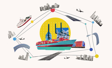 Industrial container cargo freight ship for import or export in port. Abstract design background, trucks and transport. Highway and delivering. Logistics concept