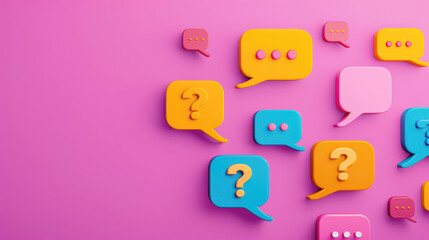 Naklejka premium Colorful speech bubbles with question marks on a pink background, symbolizing communication, inquiry, and conversation in a vibrant design.