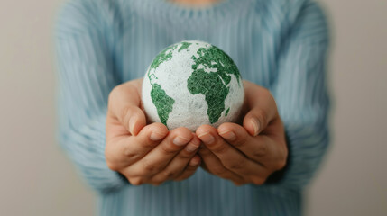 Hands holding a small globe, symbolizing global responsibility, unity, and environmental care. Close-up shot with a blurred background.