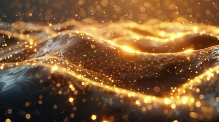 Golden radiant particles creating a wave effect