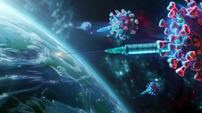 Horizontal banner. National Immunization Awareness Month. Immunization and vaccination. Syringe with vaccine surrounded by viruses. Free space for text