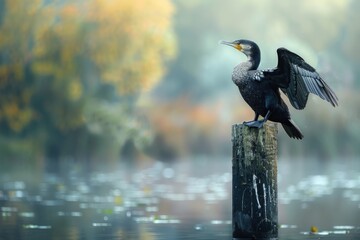 A bird perched on top of a wooden post surrounded by calm water