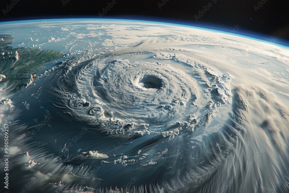 Poster satellite view of a powerful hurricane in the atmosphere, suitable for use in weather reports and cl