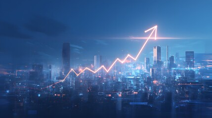 Naklejka premium Cityscape with glowing arrow pointing upwards.