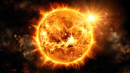 massive, fiery sun with an intense radiance and glowing solar flares illuminating the surrounding space dark background
