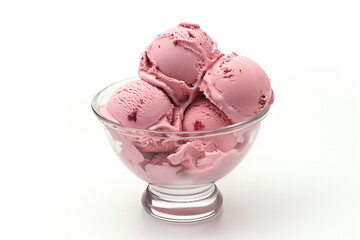 strawberry ice cream in glass bowl on white background