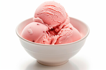 strawberry ice cream in a white bowl on a white background