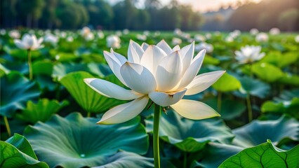 Obraz premium white lotus close up in farm lake pond sunshine nature landscape