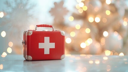 A red first aid kit with clear symbols stands prominently in front of a softly blurred festive backdrop