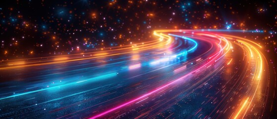 Fototapeta premium Cyber Expressway: A futuristic highway of data speeds through a digital cosmos, illuminated by vibrant streaks of light. 