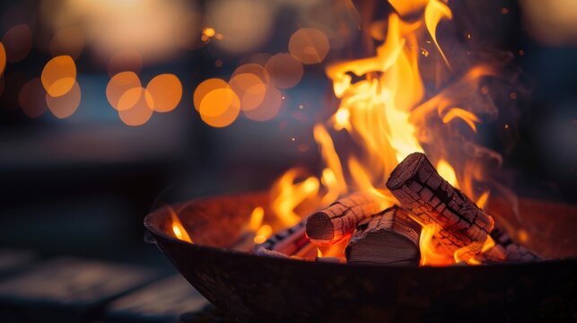 Warm flames dance in a fire pit while friends enjoy a cozy evening under soft bokeh lights