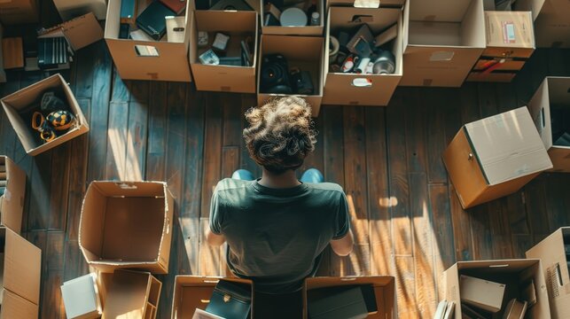 A person sits on the floor, deep in thought, amidst open boxes filled with various items, basking in warm sunlight streaming through a window