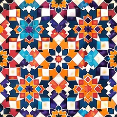 Geometric Floral Seamless Pattern Design with Colorful Retro Shapes and Tiles