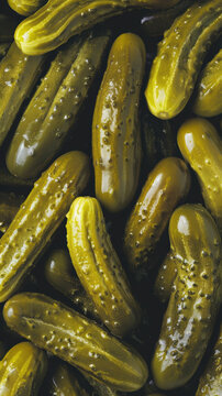 A close-up of several bright green pickles with glossy, textured skins and vibrant color. The image highlights the freshness and crispness of the pickles, making it ideal for food and culinary content