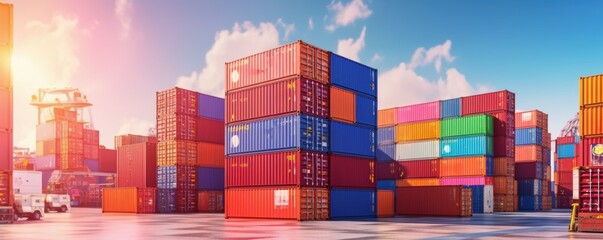 Fototapeta premium Global Commerce at Dawn: A vibrant container terminal bustles with activity as the sun rises, promising a new day of international trade and logistics. 