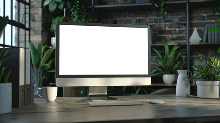 Fototapeta premium A blank computer screen for mock up sits on a desk with plants, a coffee mug in a modern home office setting