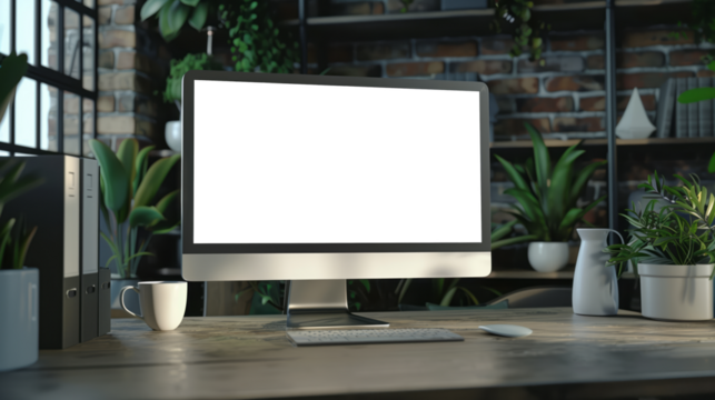 A blank computer screen for mock up sits on a desk with plants, a coffee mug in a modern home office setting