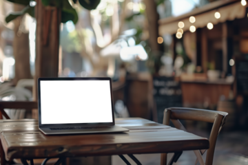 Laptop with blank screen for mock up on a wooden table in cozy cafe setting