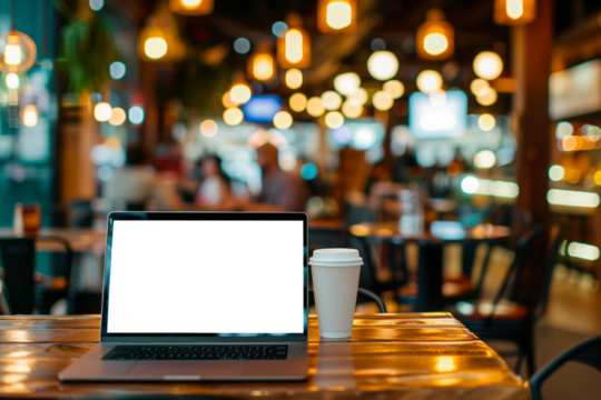 Laptop with blank screen for mock up and coffee cup on a wooden table in cozy cafe setting - Powered by Adobe