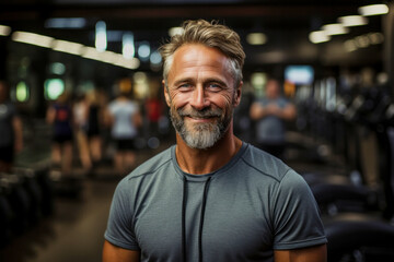 Obraz premium Portrait of handsome smiling athletic adult bearded man in gym
