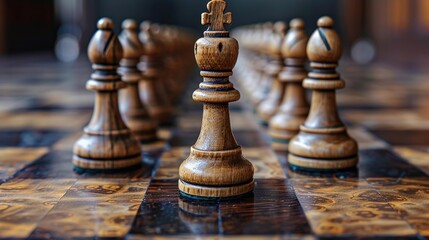 Chess Piece Close Up: Wooden Chess King on a Wooden Chessboard