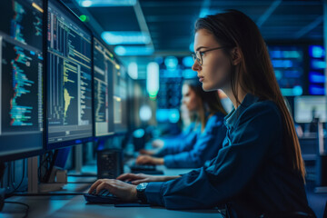 Young woman it programmer working on desktop computer in a server room. Shallow depth of field