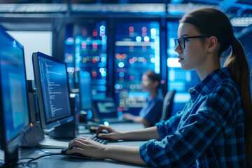 Young woman it programmer working on desktop computer in a server room. Shallow depth of field