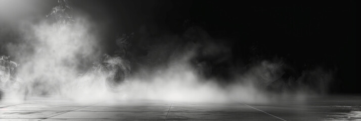 White smoke billows across a dark, concrete background. The smoke is illuminated, creating a dramatic and atmospheric scene