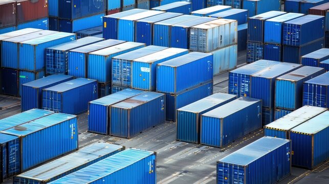 Blue Container Gridlock: A sea of blue shipping containers stretches across a bustling port, capturing the heart of global trade and logistics. - Powered by Adobe