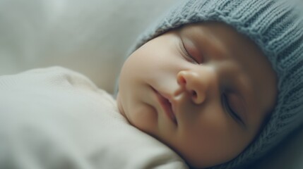 Serene Slumber: A newborn baby, adorned in a soft blue hat, sleeps peacefully, radiating tranquility and innocence. 