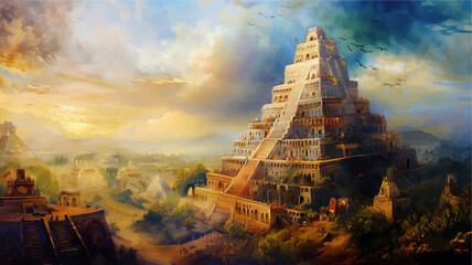 classic traditional oil painting illustration of Tower of Babel