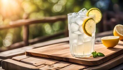 An ice cold lemonade on a wooden board
