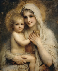 Virgin Mary with baby Jesus. AI generative.