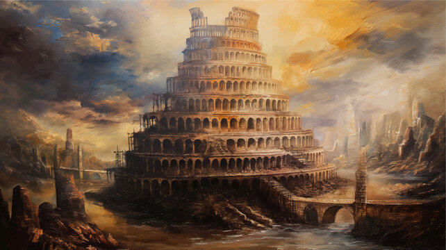 classic traditional oil painting illustration of Tower of Babel