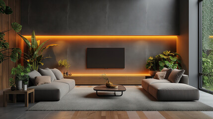 A modern gray and white living room without a main light design, with a north-south transparent wooden grille TV background wall.