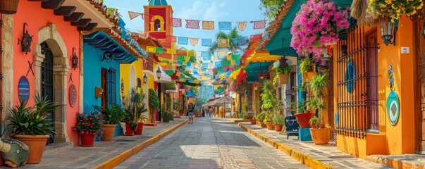 Fototapeta premium Colorful decorations adorning streets and tents, creating a festive scene.